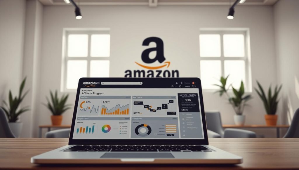 A highly detailed and professional-looking image of the "Amazon Affiliate Program" featuring a modern, clean aesthetic. The foreground shows a laptop or tablet displaying the Amazon affiliate dashboard, with various analytics, metrics, and optimization tools. The middle ground depicts a stylized Amazon logo and branding elements. The background showcases a serene, minimalist office space with natural lighting, potted plants, and subtle geometric patterns on the walls. The overall mood is one of efficiency, professionalism, and the potential for financial growth through Amazon's affiliate marketing opportunities.