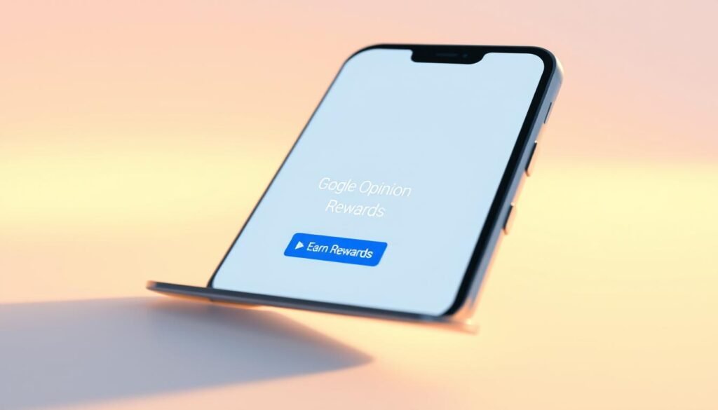 A minimalist yet polished illustration of the Google Opinion Rewards app interface, showcased on a sleek and modern smartphone device. The screen displays the app's logo, user interface elements, and a prominent "Earn Rewards" call-to-action button, all rendered in a crisp, high-resolution display. The device is set against a softly blurred, gradient background that evokes a sense of digital sophistication. Subtle lighting and camera angles highlight the app's intuitive design and the convenience of earning Play Store credits through simple surveys. The overall composition conveys the practical and rewarding nature of the Google Opinion Rewards experience. Aprenda a Ganhar Dinheiro Pelo Google