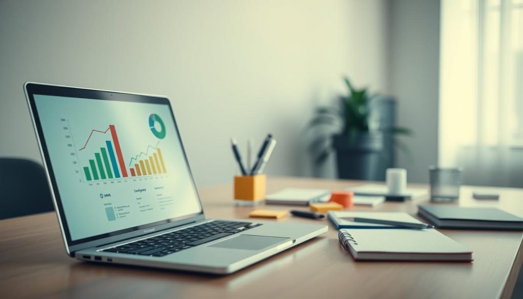 A modern and minimalist office setting with a sleek desk, a laptop, and various productivity tools. The foreground features a bar graph, pie chart, and line graph displayed on the laptop screen, representing key performance metrics. The middle ground showcases a well-organized workspace with a pen holder, sticky notes, and a strategically placed notebook. The background subtly blurs, creating a sense of depth and focus on the data-driven decision-making process. Soft, indirect lighting illuminates the scene, creating a professional and contemplative atmosphere. The overall composition conveys the importance of efficient resource management and data-driven strategies in entrepreneurship and marketing.