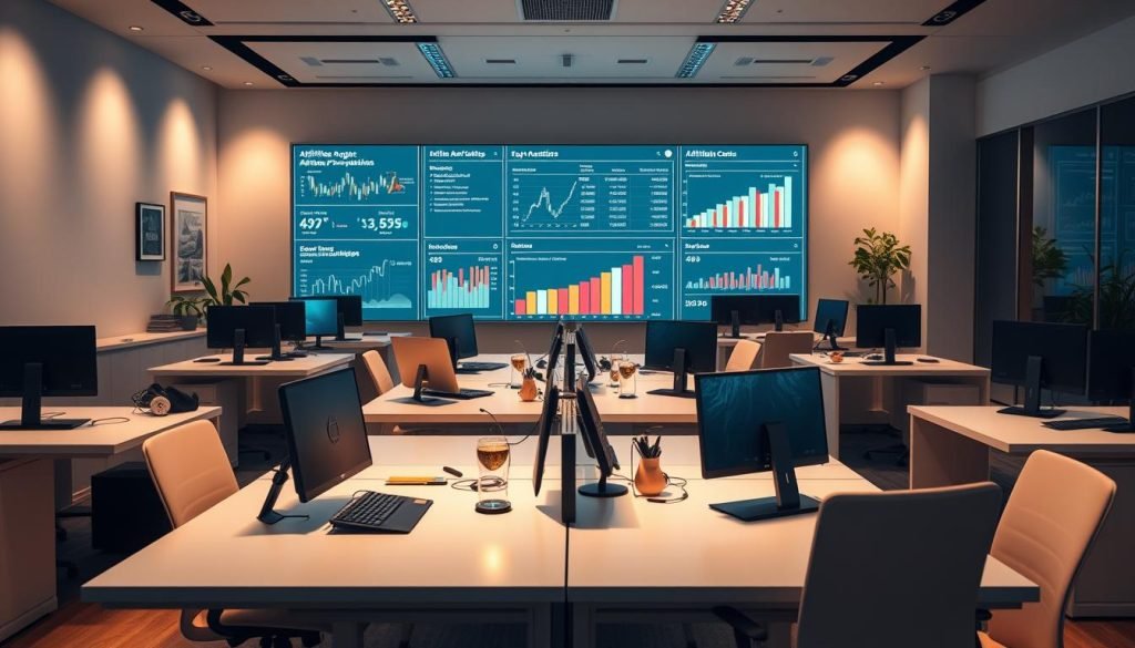A modern digital marketing workspace with sleek, minimalist desks arranged in a collaborative layout. Soft, directional lighting creates a warm, productive ambiance. On the desks, digital devices and ergonomic accessories suggest an environment focused on affiliate program analytics and management. In the background, a large display screen showcases key performance metrics and affiliate program data visualizations. The overall scene conveys a sense of professionalism, efficiency, and the systematic evaluation of affiliate marketing campaigns.