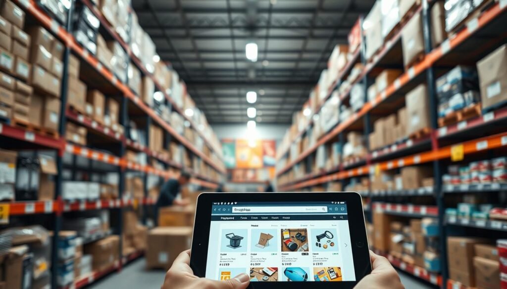 A modern e-commerce warehouse interior with shelves stocked with various consumer products. Bright, diffuse lighting illuminates the scene, creating a clean and professional atmosphere. In the foreground, a tablet display showcases an online store interface, highlighting product images and pricing details. In the background, workers are visible, carefully packing orders for shipment. The overall composition conveys the efficiency and organization of a well-oiled dropshipping operation, visually representing the "Dropshipping e importação: como operar sem estoque" section of the article.