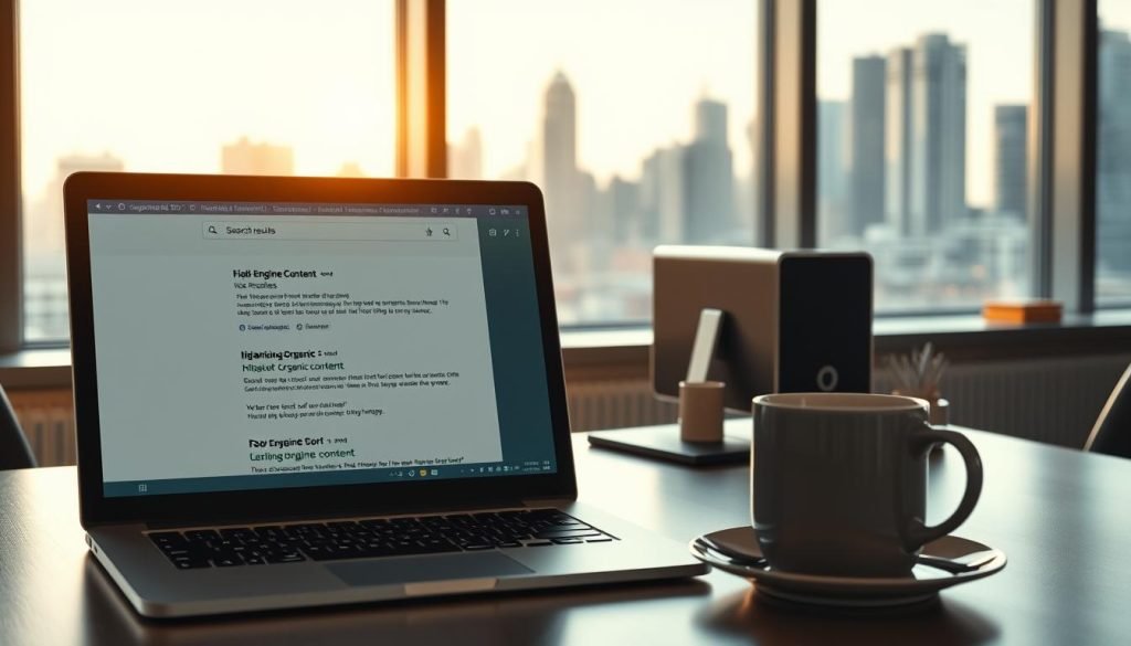 A modern, minimalist office workspace showcasing the practice of SEO. In the foreground, a laptop displays a search engine results page, highlighting high-ranking organic content. Midground features a desk with a stylish desktop computer, coffee mug, and office supplies, all bathed in warm, natural lighting from large windows. The background depicts a city skyline, symbolizing the global reach of search engine optimization. The scene conveys a sense of productivity, focus, and the practical application of SEO strategies to drive organic traffic and visibility.
