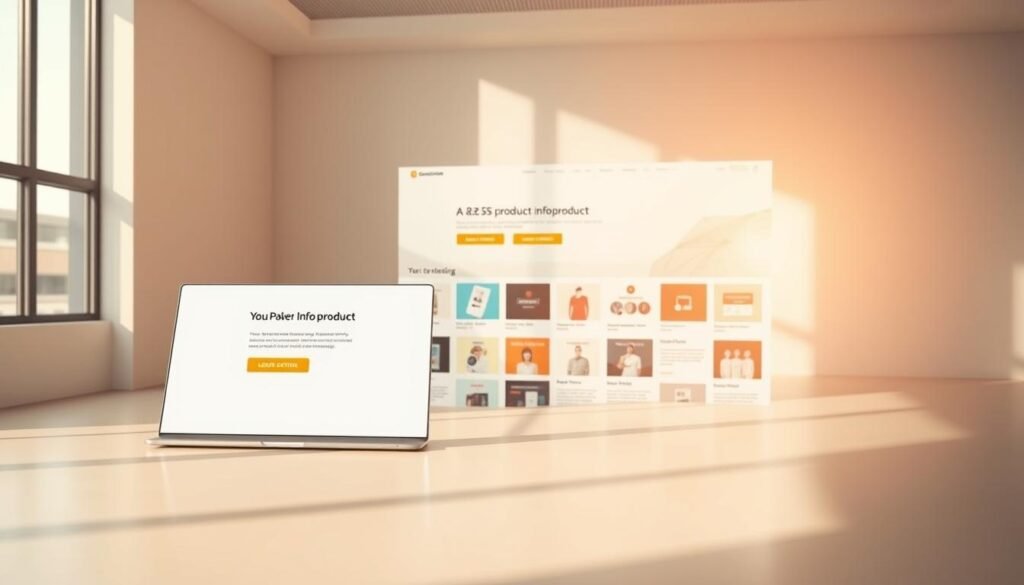 A modern, minimalist website layout with a clean, inviting aesthetic. In the foreground, a sleek, responsive web design showcasing a minimalist hero section with a call-to-action button. The middle ground features a well-organized product grid displaying various infoproduct offerings, each presented with visually appealing thumbnails and concise descriptions. In the background, a subtle, soft-focus hero image or abstract gradient creates a sense of depth and professionalism. The overall scene is bathed in warm, natural lighting, captured with a wide-angle lens to emphasize the expansive, open feel of the design. The mood is one of sophistication, simplicity, and user-friendliness, reflecting the essence of an effective infoproduct sales website.