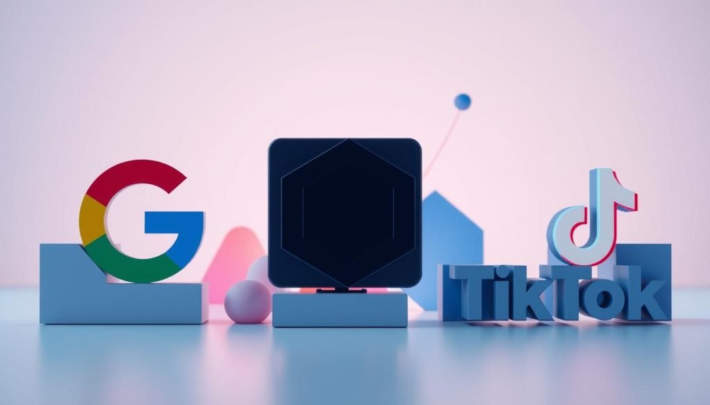A modern, sleek digital advertising composition depicting the logos of major tech platforms - Google, Meta, and TikTok. The foreground features the platforms' distinct visual identities, rendered with a clean, minimalist aesthetic and vibrant, saturated colors. The middle ground showcases abstract geometric shapes and patterns, subtly hinting at the data-driven, algorithmic nature of digital advertising. The background maintains a subtle, neutral tone, allowing the focal elements to take center stage. The overall mood conveys a sense of innovation, connectivity, and the power of targeted, paid digital advertising for modern businesses and entrepreneurs.