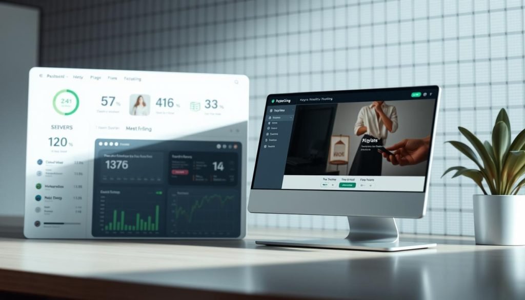 A modern, well-designed web hosting interface with a minimalist aesthetic. In the foreground, a clean, intuitive dashboard displays server status, bandwidth usage, and other essential hosting details. The middle ground showcases a sleek, responsive website editor, allowing for seamless website building and management. In the background, a subtle grid pattern and muted color palette create a sense of order and professionalism, reflecting the reliable and efficient nature of the hosting service. Soft lighting illuminates the scene, creating a calming, productive atmosphere. The overall composition conveys the ease and sophistication of setting up a professional, affiliate-friendly website.
