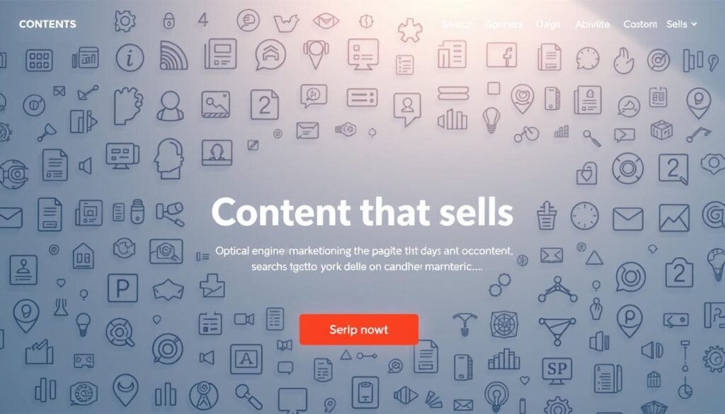 A professional and modern-looking website layout featuring a central hero section with a compelling headline and a call-to-action button. In the background, an array of digital marketing icons and symbols, such as search engine optimization elements, social media logos, and sales funnel diagrams, arranged in a visually striking pattern. The lighting is clean and bright, creating a sense of clarity and focus. The overall composition conveys the idea of "content that sells" through a combination of strategic design and persuasive visual elements.