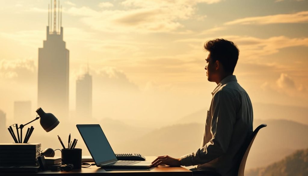A serene and contemplative digital landscape, with a lone entrepreneur navigating the online environment. In the foreground, a workspace with a laptop, desk, and office supplies, bathed in warm, natural light. In the middle ground, towering digital structures symbolize the challenges and complexities of the online realm. The background features a hazy, ethereal sky with wispy clouds, creating a sense of tranquility and introspection. Subtle textures and a soft, muted color palette convey the thoughtful and introspective tone. Cinematic camera angle and depth of field emphasize the subject's focus and the vastness of the digital world.