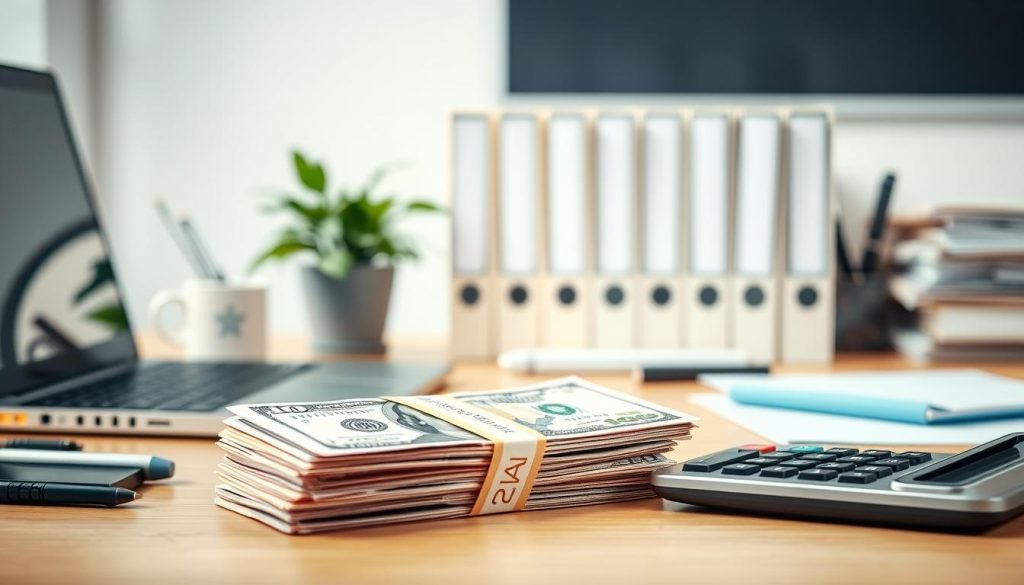 A serene office setting with a desk, laptop, and various office supplies. In the foreground, a stack of dollar bills and a calculator, symbolizing the concept of "renda extra afiliados" (affiliate extra income). The middle ground features a well-organized workspace, with a potted plant and neatly arranged folders, conveying a sense of productivity and organization. The background is slightly blurred, creating a soft, ambient lighting that sets a calming and professional tone. The overall scene suggests the potential for financial gain and success through effective affiliate marketing strategies.