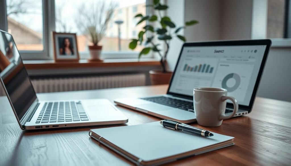 A serene office workspace, with a laptop displaying a search engine optimization (SEO) dashboard on the screen. In the foreground, a pen, a notebook, and a cup of coffee sit neatly arranged on a wooden desk. The middle ground features a potted plant and a framed photograph, creating a cozy and productive atmosphere. The background showcases a large window, allowing natural light to stream in and illuminate the space. The overall scene conveys a sense of focus, organization, and the importance of content creation for driving qualified traffic and increasing revenue per thousand impressions (RPM). Ganhar Dinheiro Pelo Google