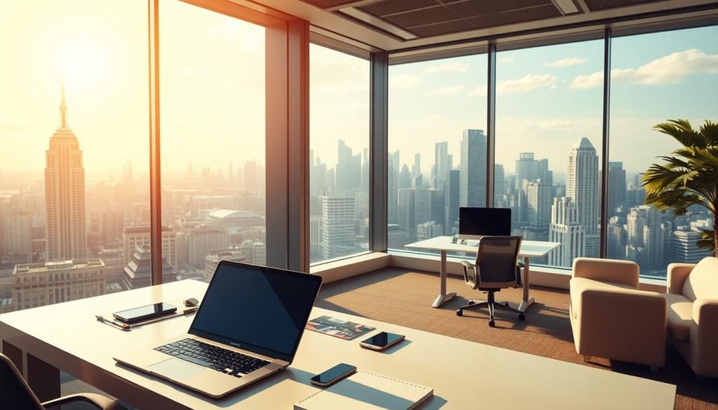 A serene, sun-drenched office space with a wide, panoramic window overlooking a bustling city skyline. The foreground features a stylish, modern desk with a sleek laptop, smartphone, and other neatly organized digital tools. The middle ground showcases an airy, minimalist workstation with ergonomic furniture and a sense of openness and flexibility. In the background, the cityscape beyond the window is alive with activity, symbolizing the endless opportunities and global reach of digital entrepreneurship. The overall atmosphere conveys a feeling of productivity, efficiency, and the strategic advantages of operating an online business.