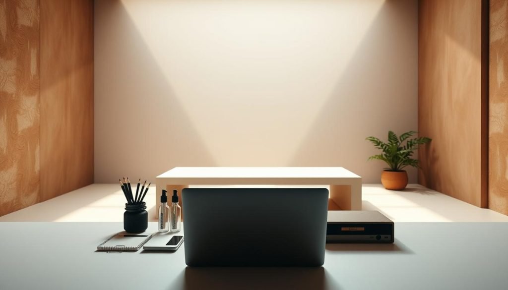 A serene workspace set against a backdrop of earthy tones and geometric shapes, symbolizing the strategic approach to "estratégia por nicho". In the foreground, a laptop and various office supplies are arranged in a visually pleasing, minimalist composition, with a sense of purposeful organization. The middle ground features a sleek, modern table or desk, casting subtle shadows that add depth and dimension. The background showcases a minimalist, almost architectural environment, with clean lines and neutral colors that evoke a sense of focus and clarity. Soft, diffused lighting illuminates the scene, creating a calming, contemplative atmosphere that reflects the strategic mindset of the subject matter.