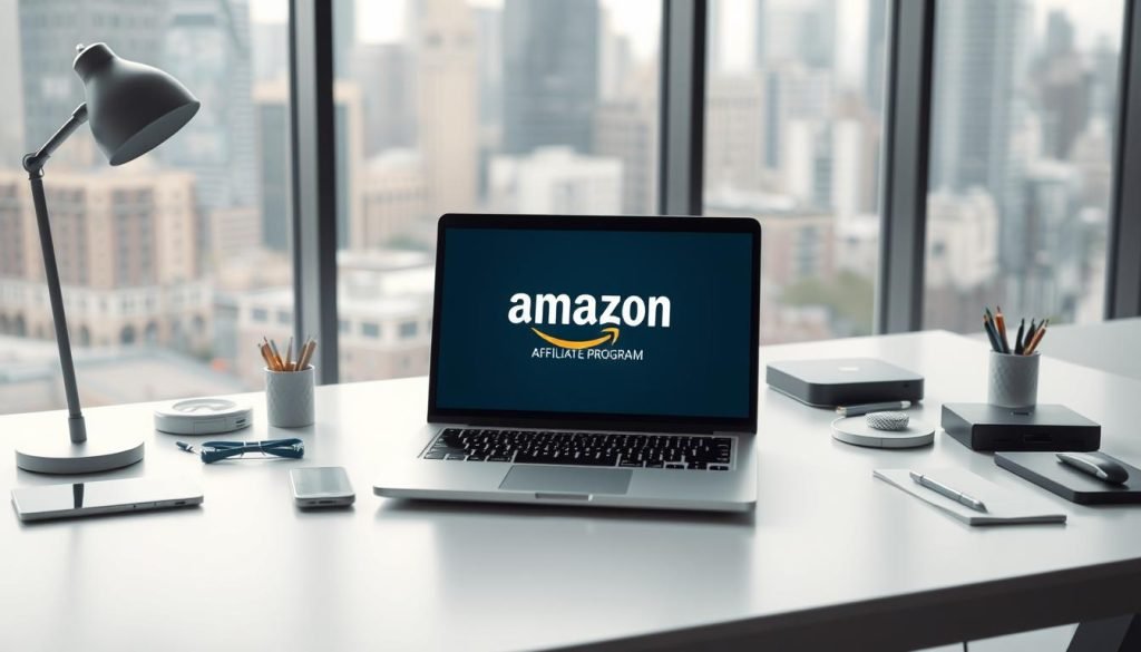 A sleek, modern laptop sits on a minimalist, white desk, its screen displaying the Amazon Affiliate Program logo prominently. The laptop is surrounded by various digital devices and office supplies, creating a professional, tech-savvy atmosphere. Soft, directional lighting illuminates the scene, casting subtle shadows and highlighting the clean, contemporary design elements. In the background, a blurred cityscape can be seen through a large window, suggesting an urban, connected environment. The overall mood is one of productivity, opportunity, and the potential for financial success through the Amazon Affiliate Program.