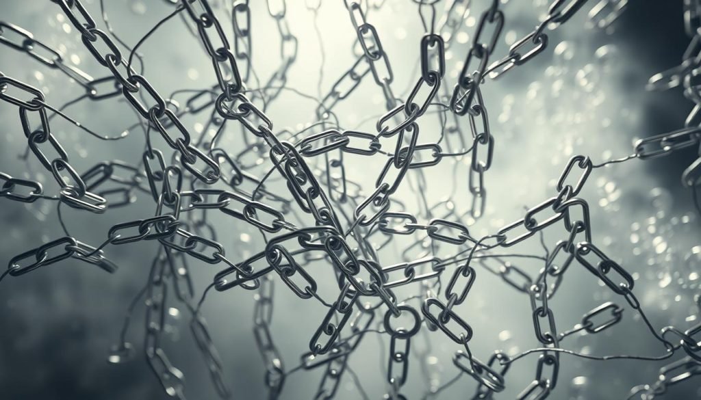 A striking aerial view of a tangled web of interconnected hyperlinks, each a gleaming metal ring suspended in a hazy, ethereal space. The links are arranged in a complex, dynamic pattern, creating an intricate and visually captivating tableau. Soft, diffused lighting illuminates the scene, casting gentle shadows and highlights that accentuate the depth and dimensionality of the links. The overall composition conveys a sense of connectivity, interdependence, and the intricate workings of a functional system, perfectly capturing the essence of the "How the Model Works in Practice" section.