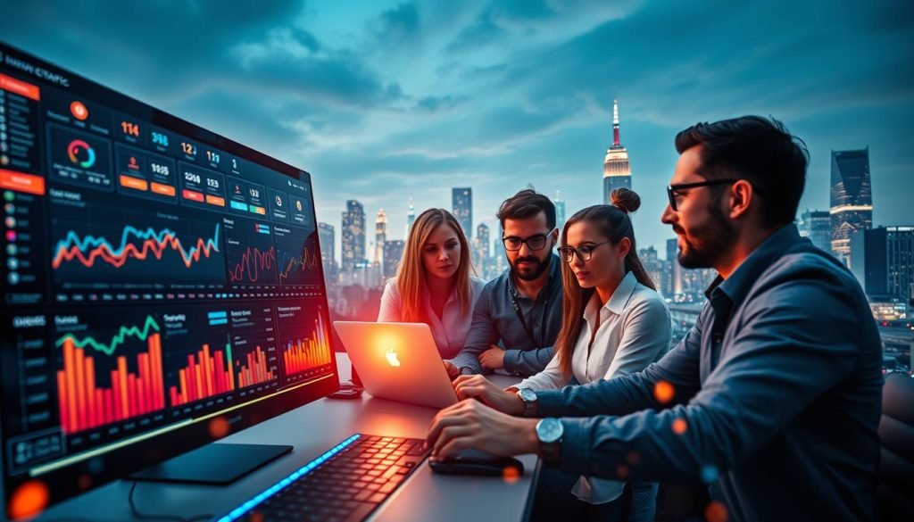 A striking digital landscape showcasing the power of paid traffic. In the foreground, a dynamic web interface featuring vibrant graphs, metrics, and interactive controls, symbolizing the data-driven insights that drive successful digital marketing strategies. In the middle ground, a team of savvy digital entrepreneurs collaborating, their expressions focused and determined, harnessing the insights from the digital dashboard to drive conversions and build their brand. In the background, a city skyline, representing the wider digital ecosystem, pulsing with energy and opportunity. Soft, warm lighting illuminates the scene, conveying a sense of professionalism and innovation. Captured with a wide-angle lens to encompass the interconnected nature of paid traffic and digital business growth.