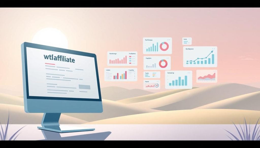 A stylized illustration of various affiliate marketing tools and resources. In the foreground, a computer screen displays a web page with affiliate links, meticulously crafted with clean typography and subtle design elements. In the middle ground, a set of affiliate marketing charts, graphs, and analytics dashboards float in a minimalist, data-driven composition. The background features a serene, pastel-colored landscape with rolling hills and a bright, sun-drenched sky, symbolizing the potential for financial growth and success through affiliate marketing. The overall mood is one of professionalism, productivity, and the promise of a rewarding passive income stream.