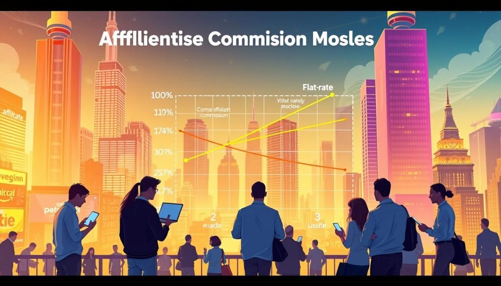 A vibrant and detailed illustration showcasing the different affiliate commission models. In the foreground, a group of affiliates stand with laptops and smartphones, discussing various payout structures. The middle ground features a stylized graph displaying percentage-based, flat-rate, and tiered commission schemes. In the background, a dynamic cityscape with towering skyscrapers and bustling streets, representing the digital marketplace. The scene is illuminated by a warm, golden light, conveying a sense of prosperity and opportunity. The overall composition highlights the diversity and impact of affiliate commission models within the digital economy.