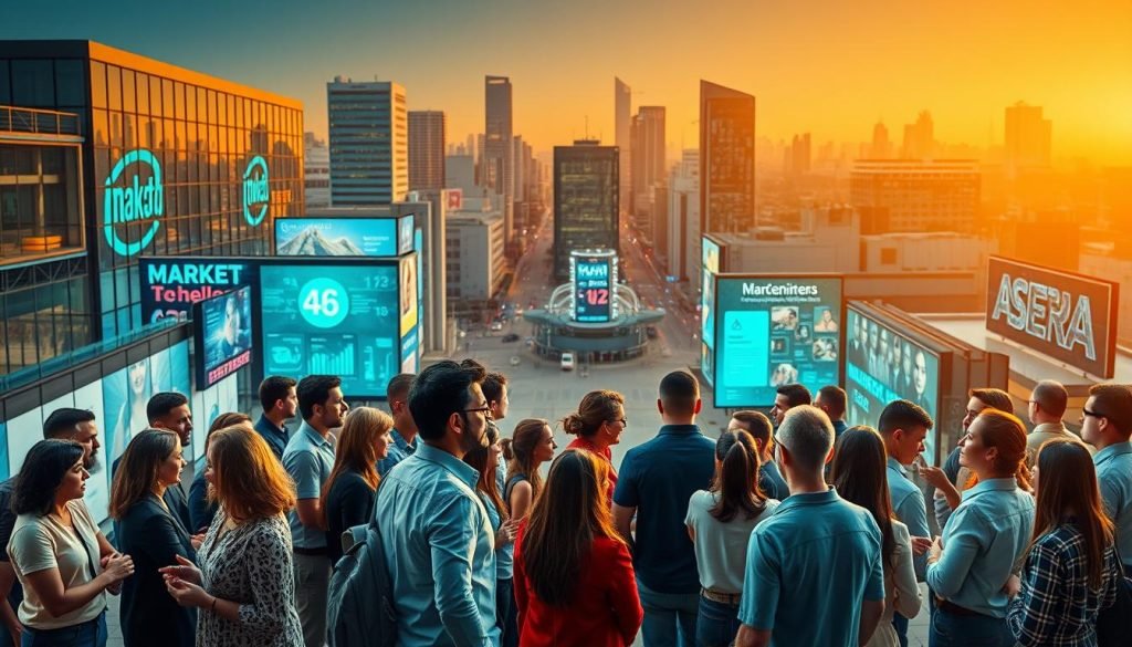 A vibrant and diverse group of people, representing the target audience for the article on "Aprenda Estratégias de Marketing e Empreendedorismo". In the foreground, a mix of professionals from different backgrounds - business owners, entrepreneurs, marketers, and consumers - engaged in lively discussions, exchanging ideas and insights. In the middle ground, a dynamic cityscape with modern architecture, bustling streets, and digital displays showcasing market trends and consumer preferences. In the background, a warm, golden-hued lighting creates a sense of ambition and opportunity, complemented by a clean, minimalist aesthetic that reflects the article's focus on strategy and personalization.