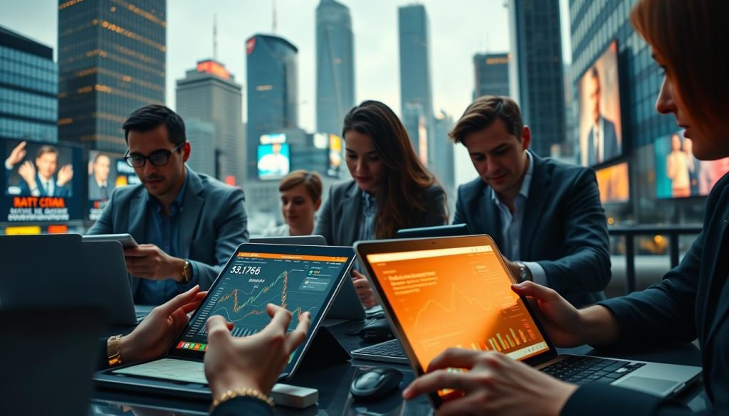A vibrant and dynamic digital marketing scene, captured with a cinematic flair. In the foreground, sleek mobile devices and laptops showcase cutting-edge digital strategies, their screens illuminated by a warm, golden light. The middle ground features a team of professionals, their expressions engaged as they collaborate on data-driven campaigns. In the background, a cityscape of modern high-rises and digital billboards sets the stage, hinting at the far-reaching impact of digital marketing. The overall atmosphere conveys a sense of innovation, productivity, and the boundless potential of the digital landscape.