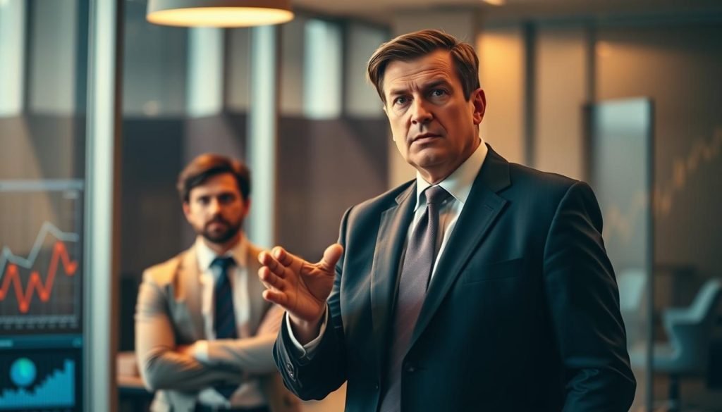 A vibrant and dynamic scene of two distinct types of affiliate marketers: an authoritative figure and an objective arbitrator. In the foreground, the authoritative affiliate stands tall, exuding confidence and expertise, dressed in a crisp suit and tie. They gesture emphatically, their gaze commanding attention. In the middle ground, the arbitrator affiliate observes with a calm, impartial expression, dressed in a more casual, neutral attire. The background is blurred, suggesting a professional setting, such as an office or conference room, with subtle hints of financial graphs and charts. The lighting is warm and focused, highlighting the contrast between the two figures and their approaches to affiliate marketing. The overall atmosphere conveys a sense of authority, strategy, and the complex dynamics of the affiliate landscape.