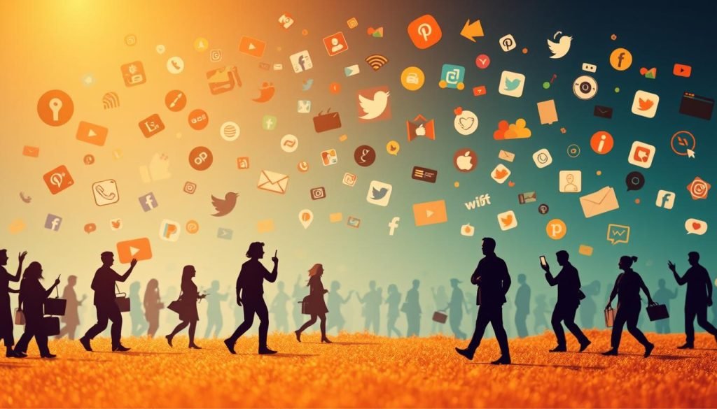 A vibrant and dynamic social media landscape, with various platforms represented in the foreground. Stylized icons, logos, and symbols float and interact, creating a sense of interconnectedness and digital engagement. In the middle ground, silhouetted figures navigate the virtual world, their movements and gestures conveying the active participation of users. The background depicts a subtly textured, gradient-based environment, suggesting the vast and ever-evolving nature of the social media ecosystem. Warm lighting casts a soft glow, evoking a sense of accessibility and inviting exploration. The overall composition captures the essence of affiliate marketing's integration with the dynamic, ever-changing world of social media.