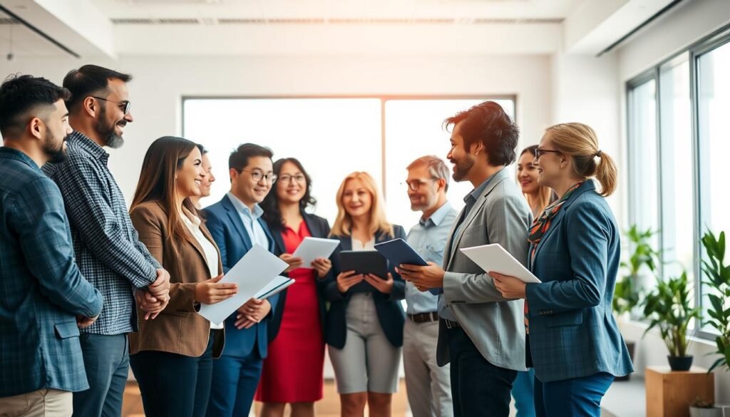 A vibrant and professional-looking image showcasing "affiliates" in the context of an online business selling informational products. The foreground features a group of diverse people - men and women of varying ages, ethnicities, and styles - shaking hands, exchanging documents, and engaged in lively discussions. They are dressed in business attire, conveying a sense of collaboration and professionalism. The middle ground depicts an array of digital devices, such as laptops, tablets, and smartphones, symbolizing the digital nature of their partnership. The background is a clean, minimalist office setting with large windows allowing natural light to fill the space, creating a warm and productive atmosphere. The overall scene radiates an aura of authority, trust, and mutual success in the online information products industry.