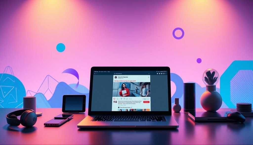 A vibrant and visually captivating digital landscape, showcasing a dynamic blend of marketing assets and brand elements. In the foreground, a sleek, minimalist laptop displays a carefully crafted social media post, its screen reflecting the soft, warm lighting of the scene. Surrounding it, an array of digital devices and tools, such as a tablet, smartphone, and wireless headphones, create a cohesive workspace. In the middle ground, abstract shapes and patterns in shades of blue and purple symbolize the interconnectedness of digital marketing strategies. In the background, a subtle gradient backdrop sets the tone, evoking a sense of innovation and progress. The overall composition conveys a professional, cutting-edge atmosphere, perfectly capturing the essence of "Marketing digital e construção de marca".