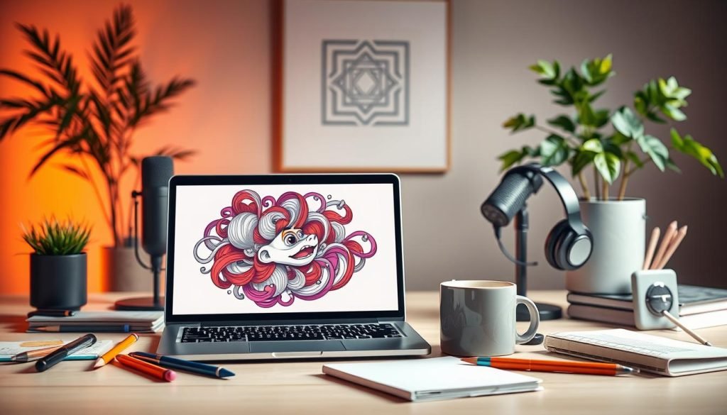 A vibrant, artistic still life composition featuring various elements related to content creation and marketing. In the foreground, a sleek laptop with a modern design sits open, its screen displaying an intricate, colorful digital illustration. Surrounding it, an assortment of stationery items - pens, pencils, a notebook, and a stylish mug of coffee. In the middle ground, a professional-grade microphone and headphones, symbolizing the importance of audio content. In the background, a lush, verdant plant and a minimalist, geometric wall art piece, creating a warm, inspirational atmosphere. Soft, directional lighting illuminates the scene, casting subtle shadows and highlighting the textures of the materials. The overall mood is one of creativity, productivity, and a refined, contemporary aesthetic.