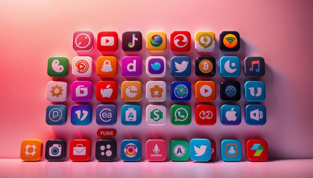 A vibrant collection of popular mobile apps displayed on a sleek, minimalist background. The apps are presented in a grid layout, each one a distinct and eye-catching icon representing the diverse range of software that can earn users real money in 2025. The scene is bathed in a warm, inviting glow, with soft shadows and highlights accentuating the depth and dimensionality of the icons. The overall mood is one of excitement and opportunity, perfectly capturing the potential of these lucrative digital tools. A high-quality, professional-grade image that showcases the subject matter with clarity and visual appeal.