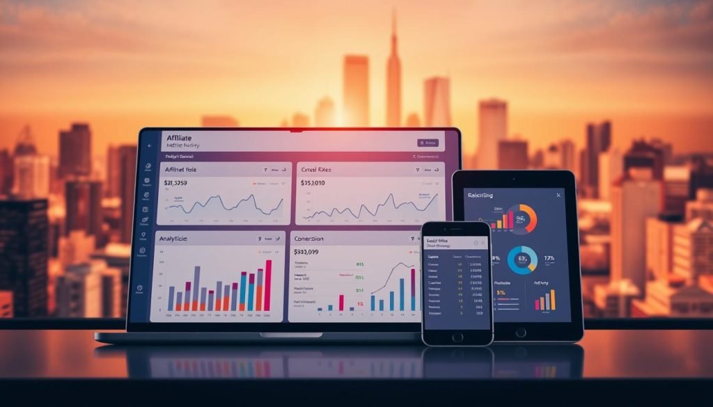 A vibrant, data-driven dashboard showcasing key affiliate marketing metrics. In the foreground, a sleek, minimalist interface with clean lines and an intuitive layout, displaying charts and graphs that track crucial KPIs such as affiliate referrals, conversion rates, and revenue. The middle ground features a trio of digital devices - a laptop, tablet, and smartphone - presenting real-time analytics and insights. The background depicts a stylized, geometric cityscape, symbolizing the dynamic, ever-evolving nature of the affiliate marketing landscape. Warm, muted tones create a professional, business-oriented atmosphere, while strategic lighting and camera angles highlight the dashboard's clarity and functionality.