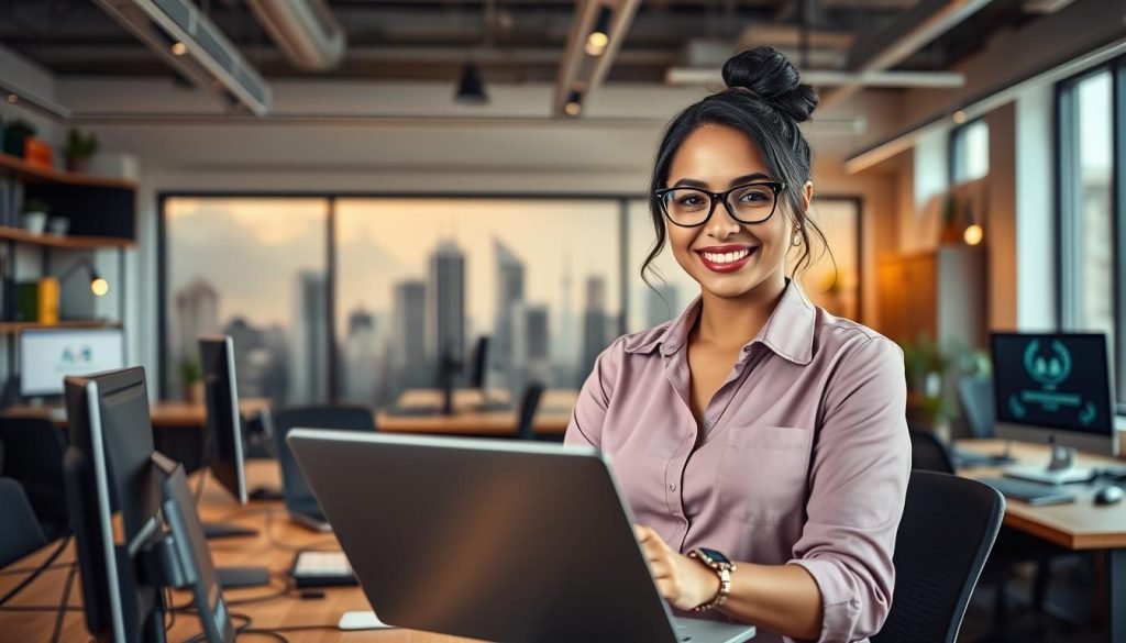 A vibrant digital entrepreneur in the foreground, confidently showcasing her business on a laptop screen. Surrounded by a dynamic workspace, filled with modern office equipment and accented by warm, natural lighting. In the background, a stylized cityscape representing the digital transformation of small businesses in Brazil. Crisp, high-resolution details, with a professional, aspirational tone that captures the essence of the "Sete práticas essenciais para pequenas empresas no digital" section.