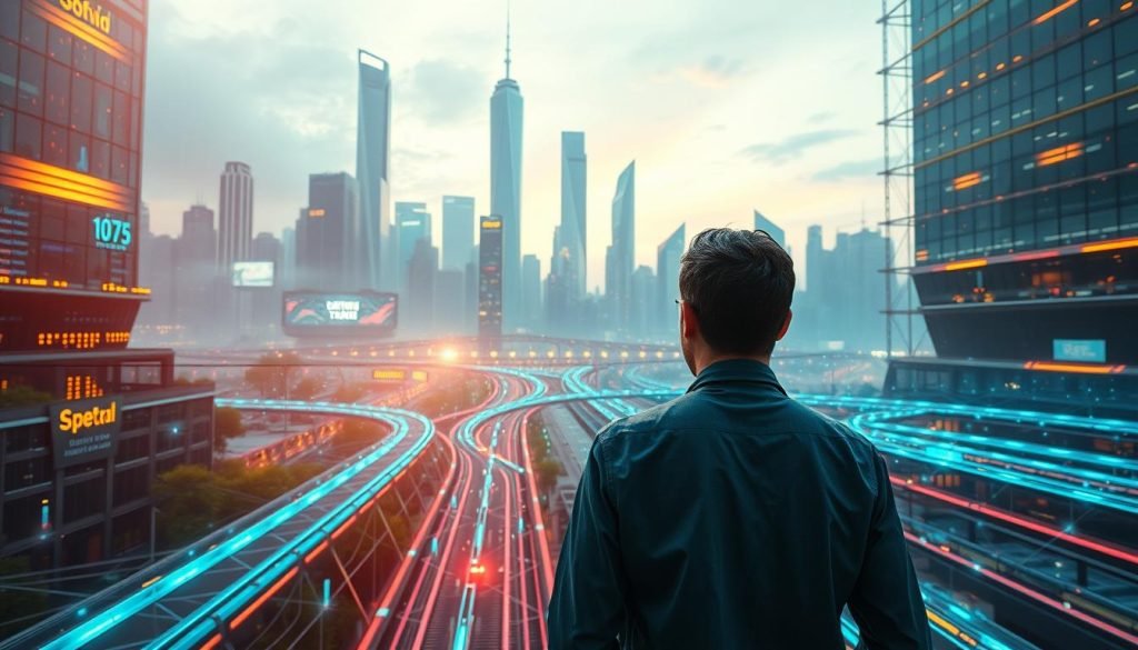 A vibrant digital landscape, alive with the energy of entrepreneurship. In the foreground, a determined entrepreneur navigates a maze of virtual pathways, their gaze fixed on the horizon. Surrounding them, a dynamic web of connections, data streams, and innovative technology. Towering in the background, a futuristic cityscape of sleek skyscrapers and pulsing digital infrastructure, symbolizing the limitless potential of the digital entrepreneurial ecosystem. Illuminated by a warm, diffused lighting that casts a glow of optimism and possibility. Captured through a wide-angle lens to convey the scope and scale of the digital entrepreneurial experience.