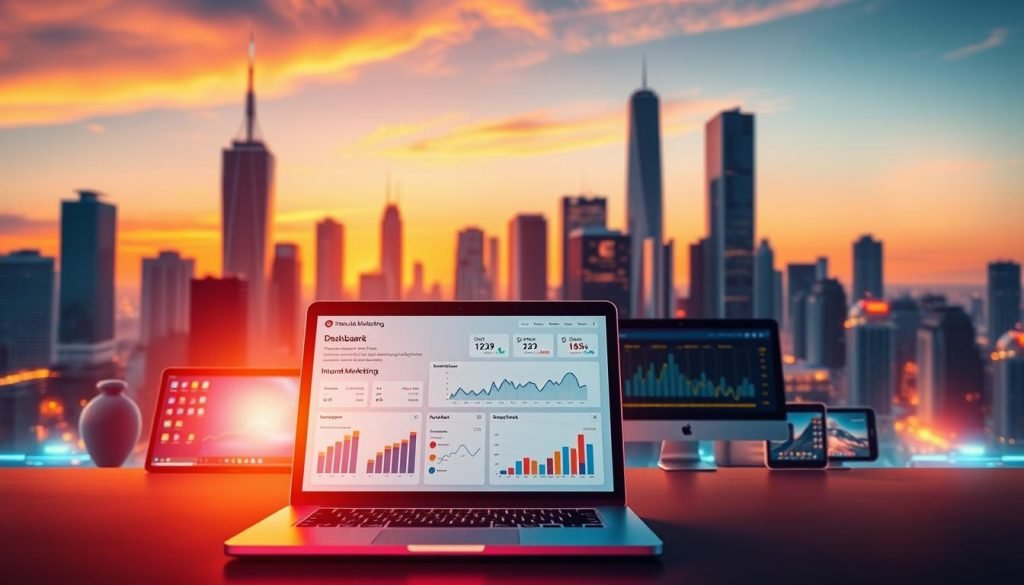 A vibrant digital landscape, bathed in warm hues and dynamic lighting. In the foreground, a sleek laptop displays a visually captivating dashboard, showcasing the key metrics and analytics of a robust inbound marketing campaign. The middle ground features an array of mobile devices, tablets, and desktop computers, symbolizing the multi-platform nature of modern digital marketing. In the background, a stylized cityscape with towering skyscrapers and a subtle gradient sky sets the stage for this tech-savvy, forward-thinking scene. The overall composition conveys a sense of progress, innovation, and the power of data-driven marketing strategies to engage and convert entrepreneurial audiences.