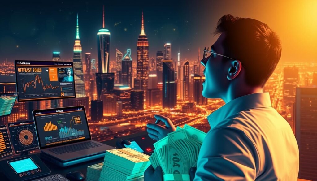 A vibrant digital landscape depicting the strategies of affiliate marketing and digital monetization. In the foreground, a stylized representation of a person eagerly counting stacks of money, surrounded by digital devices and screens displaying graphs, charts, and online sales platforms. The middle ground features a futuristic city skyline with glowing skyscrapers and a pulsing network of data streams, symbolizing the interconnected digital economy. The background is bathed in a warm, golden glow, evoking a sense of prosperity and success. The entire scene is rendered with a sleek, modern aesthetic and a cinematic depth of field, capturing the dynamic and lucrative nature of online earning opportunities.