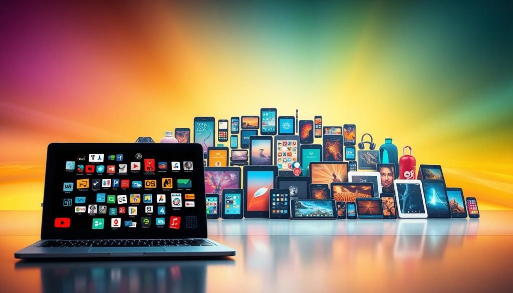 A vibrant digital landscape showcasing a diverse array of digital products. In the foreground, a sleek laptop displays various icons and graphics, hinting at the vast digital marketplace. In the middle ground, a collection of stylized digital devices such as smartphones, tablets, and e-readers are arranged in a visually striking pattern, their screens illuminated with captivating visuals. The background features a dynamic, colorful gradient that evokes a sense of technological innovation and progress. The lighting is soft and diffused, creating a warm, inviting atmosphere that draws the viewer's attention to the digital offerings. The overall composition conveys the strength and versatility of the digital product landscape in Brazil.