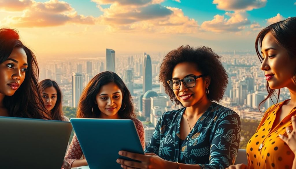 A vibrant digital landscape showcasing the dynamic entrepreneurial spirit of Brazilian women. In the foreground, a diverse group of female founders, each embodying determination and innovation, their faces illuminated by the glow of laptop screens. In the middle ground, a bustling cityscape, towering skyscrapers and thriving tech hubs, symbolizing the digital ecosystem empowering these trailblazers. The background is a panoramic vista, capturing the breadth of opportunities available in the Brazilian digital marketplace, a kaleidoscope of colors and patterns reflecting the rich cultural tapestry. Warm, natural lighting casts a hopeful glow, evoking a sense of optimism and possibility. This image encapsulates the current landscape of digital entrepreneurship in Brazil, a story of women redefining the future.