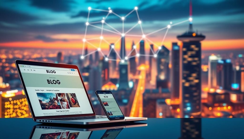 A vibrant digital landscape showcasing the interconnected world of blog and SEO. In the foreground, a sleek laptop displays a blog post with bold headlines and engaging visuals, its screen illuminated by a warm, soft light. Beside it, a smartphone displays analytics data, its screen reflecting the user's focused gaze. The middle ground features a series of interconnected nodes, representing the complex web of search engine optimization, social media, and content distribution channels. In the background, a cityscape of modern skyscrapers and infrastructure symbolizes the digital ecosystem in which these tools operate, bathed in a cool, futuristic hue. The overall scene conveys a sense of technological sophistication, professional mastery, and the power of strategic digital marketing.