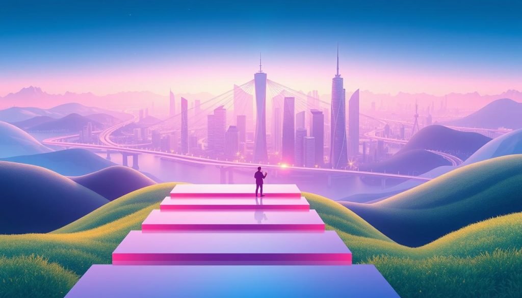 A vibrant digital landscape with a series of clear, sequential steps leading the viewer on a journey towards digital entrepreneurship. The foreground features a minimalist illustration of a person navigating through the steps, their path illuminated by a soft, warm glow. The middle ground showcases a dynamic cityscape of modern, sleek digital infrastructure, hinting at the world of opportunity awaiting the aspiring entrepreneur. In the background, a dreamlike gradient of blues and purples creates a sense of depth and possibility. The overall scene conveys a sense of progress, growth, and the excitement of embarking on a new digital adventure.