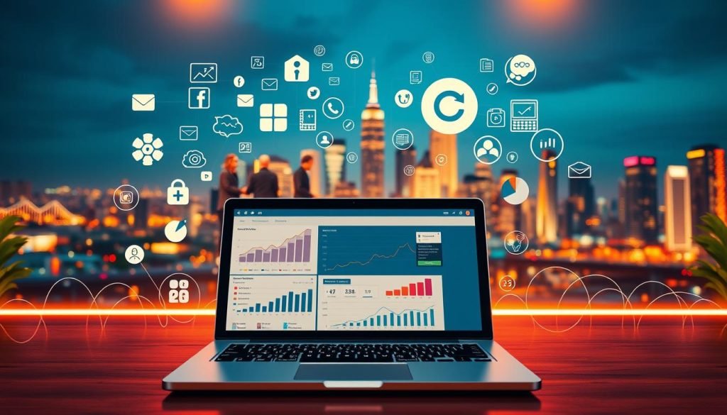 A vibrant digital marketing landscape, featuring a sleek laptop displaying analytics and social media platforms, surrounded by icons and symbols representing various digital marketing strategies. The foreground showcases a dynamic, interactive interface with customizable dashboards and real-time data visualizations. In the middle ground, a team of collaborators brainstorming ideas, strategizing partnerships, and exploring affiliate opportunities to amplify reach. The background depicts a city skyline, symbolizing the global, interconnected nature of modern marketing. The scene is illuminated by warm, ambient lighting, creating a sense of productivity, innovation, and a forward-thinking atmosphere.