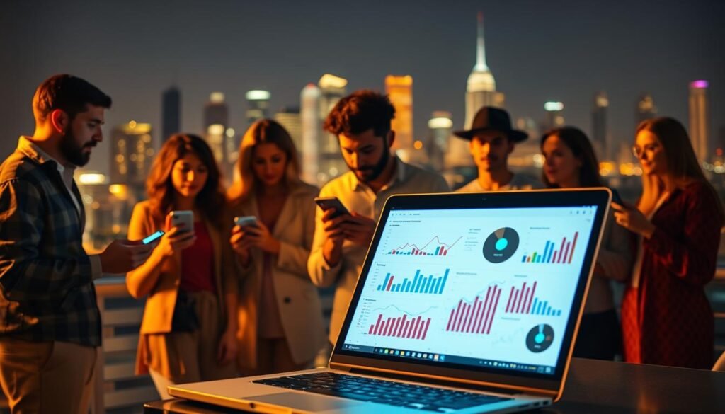 A vibrant, dynamic digital marketing strategy scene. In the foreground, a glowing laptop displays analytical data and charts, representing the analytical and data-driven aspects of effective marketing. In the middle ground, a group of diverse people collaborate, brainstorming ideas and strategies, their faces lit by the soft glow of smartphones and tablets. In the background, a city skyline recedes, symbolizing the broader landscape of the digital marketing world. Warm lighting casts a sense of focus and productivity, while subtle lens flares and depth of field create a professional, cinematic aesthetic. The overall atmosphere conveys the collaborative, technology-driven nature of modern marketing strategy.