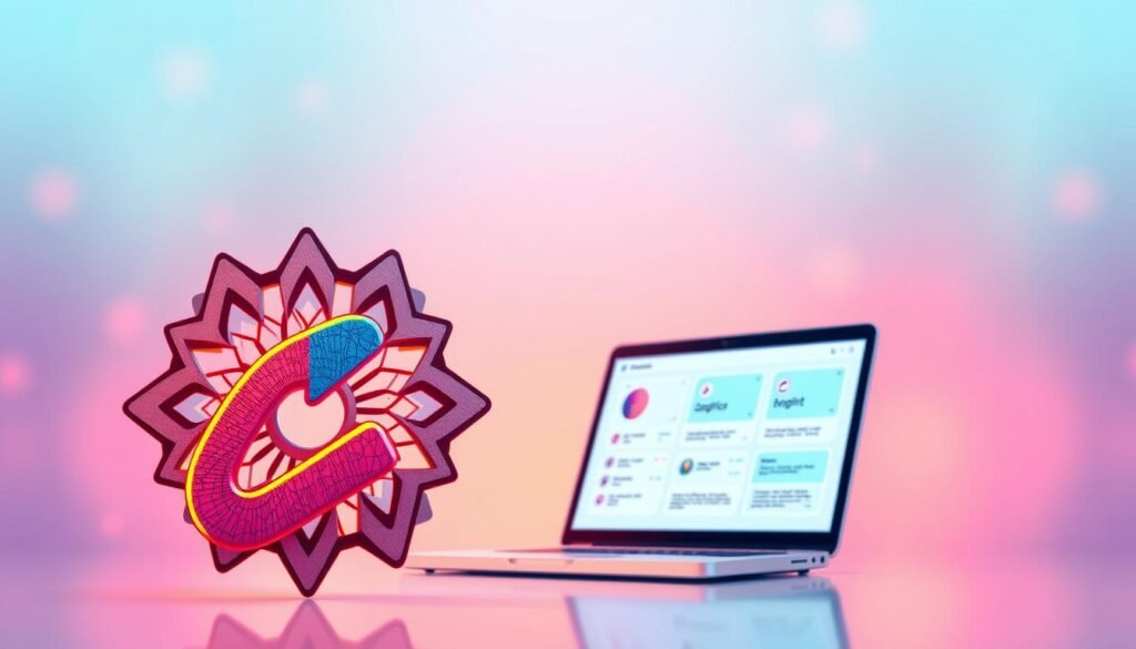 A vibrant, dynamic illustration of a digital marketing affiliate program. In the foreground, a stylized graphic representation of the "link afiliado" concept, featuring an eye-catching, intricate design with geometric shapes, vivid colors, and subtle textures. The middle ground depicts a sleek, minimal laptop or mobile device, showcasing a user interface with key elements of the affiliate marketing workflow, such as analytics, reporting, and commission tracking. The background is a softly blurred, gradient-based environment, conveying a sense of digital technology, innovation, and forward momentum. The overall composition should be balanced, visually striking, and effectively communicate the practical application of the affiliate marketing model.
