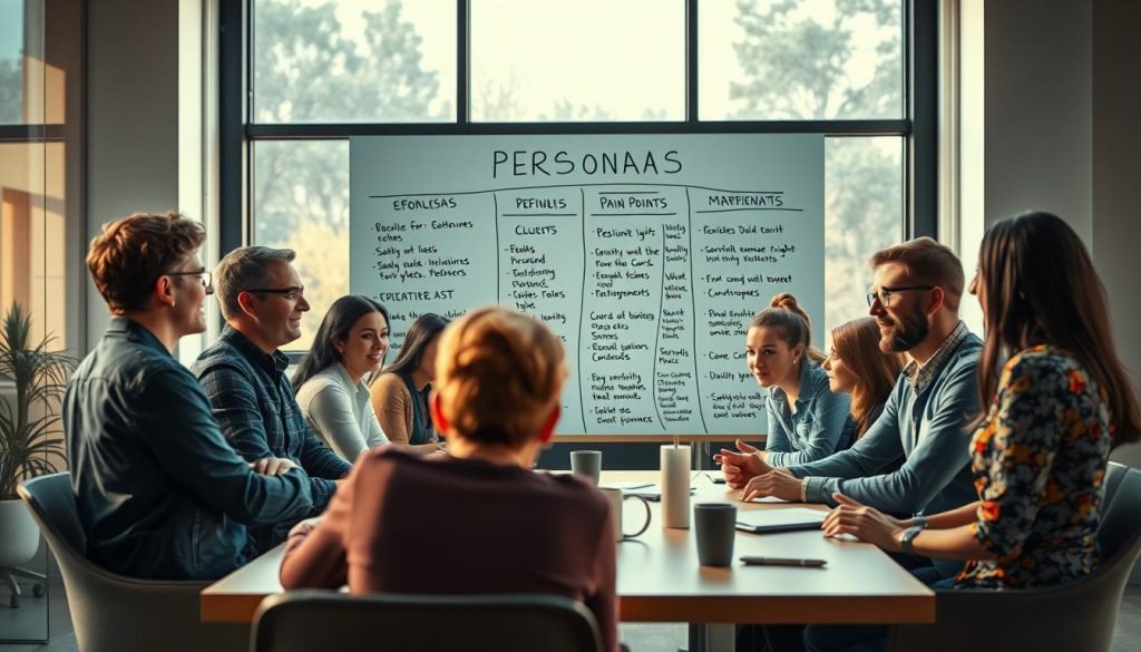 A vibrant, dynamic scene depicting the concept of personas. In the foreground, a diverse group of people, each with distinct personalities and characteristics, gathered around a table, engaged in lively discussion. Their expressions and body language convey a sense of individuality and collaboration. The middle ground features a large whiteboard or digital display, showcasing user personas, their goals, pain points, and key attributes, presented in a clear and visually striking manner. The background is a modern, minimalist office setting, with large windows allowing natural light to flood the space, creating a sense of openness and clarity. The overall mood is one of focus, creativity, and strategic planning, reflecting the importance of defining personas in the marketing process.