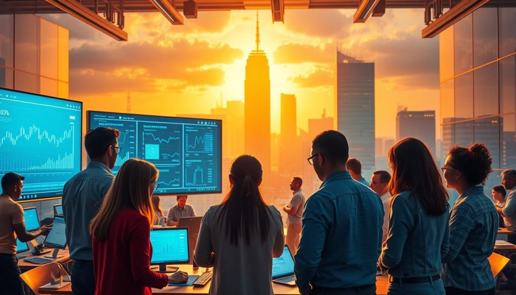 A vibrant, dynamic scene depicting the nuances of affiliate marketing. In the foreground, a group of diverse individuals collaborate, sharing insights and strategies. The middle ground showcases a bustling digital landscape, with screens and analytics data flowing seamlessly. In the background, a towering cityscape symbolizes the scale and potential of the affiliate marketing industry. Warm, golden lighting casts a sense of optimism, while the overall composition conveys the collaborative, non-hierarchical nature of this thriving business model. Captured with a wide-angle lens to emphasize the interconnectedness and scope of this dynamic field.