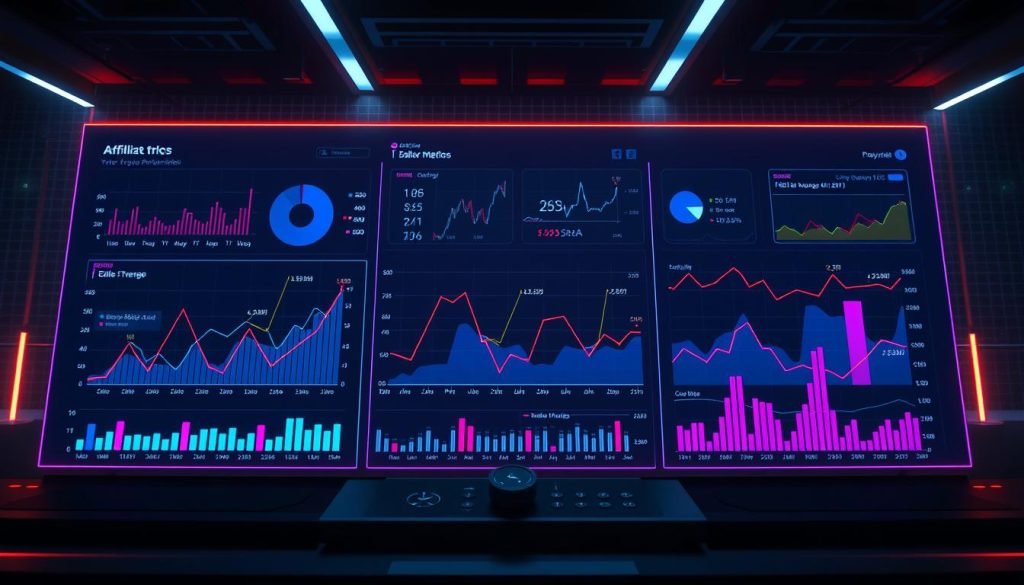 A vibrant graph display, showcasing an array of relevant metrics for online affiliate marketing. The foreground features sleek, minimalist data visualizations, with clean lines and a bold color palette. The middle ground contains interactive controls, allowing the user to toggle between different key performance indicators. The background sets an immersive, futuristic atmosphere, with a subtle grid pattern and a soft glow emanating from the display. The lighting is a balanced mix of directional and ambient, creating depth and highlighting the data. The overall impression is one of a sophisticated, data-driven dashboard that empowers the user to optimize their affiliate marketing strategies. A vibrant graph display, showcasing an array of relevant metrics for online affiliate marketing. The foreground features sleek, minimalist data visualizations, with clean lines and a bold color palette. The middle ground contains interactive controls, allowing the user to toggle between different key performance indicators. The background sets an immersive, futuristic atmosphere, with a subtle grid pattern and a soft glow emanating from the display. The lighting is a balanced mix of directional and ambient, creating depth and highlighting the data. The overall impression is one of a sophisticated, data-driven dashboard that empowers the user to optimize their affiliate marketing strategies.