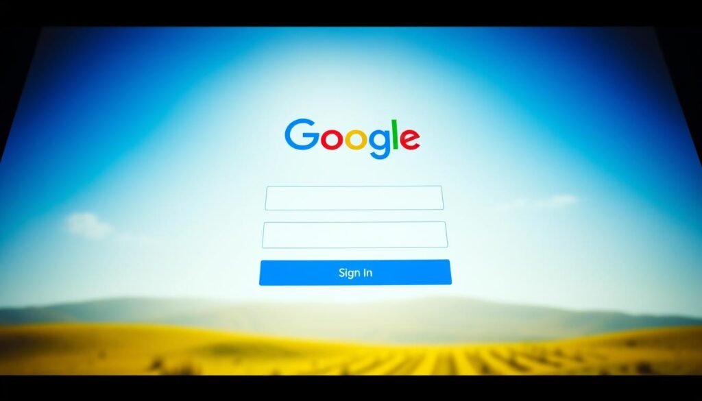 A vibrant, high-resolution image of a Google account login screen with a welcoming, inviting atmosphere. The foreground features a clean, minimalist design with a large Google logo, input fields for email and password, and a prominent "Sign In" button. The middle ground showcases a soft, blurred background of a serene, sunlit landscape, conveying a sense of calm and focus. The lighting is natural and diffused, creating a warm, inviting ambiance. The camera angle is slightly angled, providing a dynamic perspective that draws the viewer into the scene. The overall mood is professional, trustworthy, and accessible, reflecting the importance of a Google account for the article's subject matter. Aprenda a Ganhar Dinheiro Pelo Google