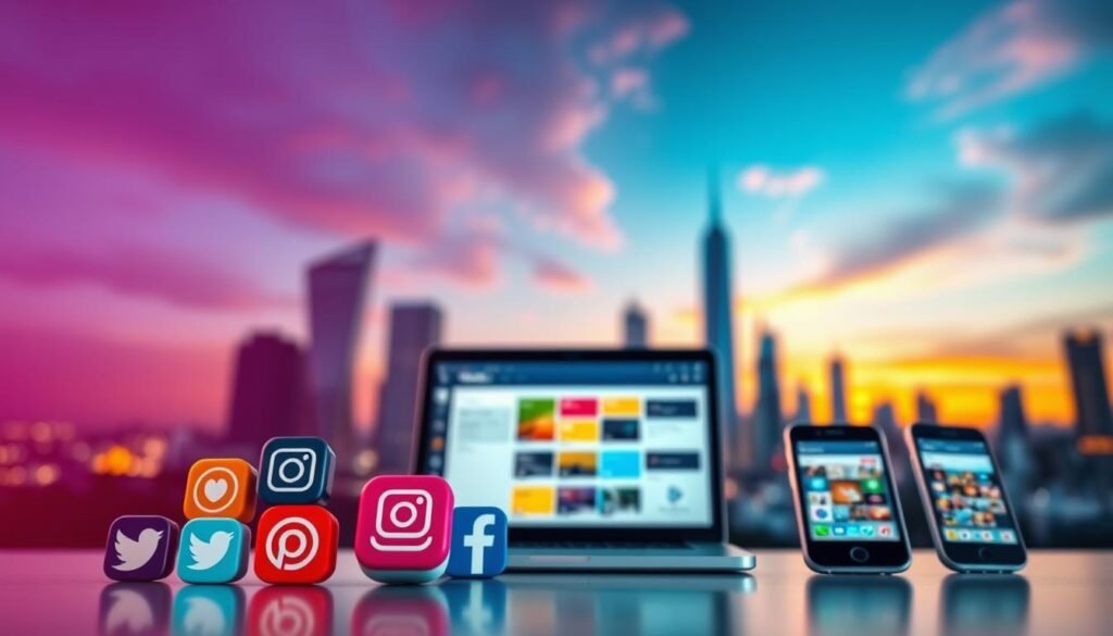 A vibrant landscape of social media channels, with a sleek and modern aesthetic. In the foreground, a collection of stylized app icons representing popular platforms - Twitter, Instagram, Facebook, YouTube - arranged in an eye-catching grid. The middle ground features a minimalist desktop workspace, with a laptop, tablet, and smartphone showcasing various social media interfaces. In the background, a blurred cityscape with towering skyscrapers and a vibrant sunset sky, conveying a sense of a bustling, connected world. Soft, directional lighting casts subtle shadows, creating depth and dimension. The overall tone is professional, dynamic, and visually engaging, reflecting the topic of essential tips for aspiring affiliates to leverage social media channels effectively.