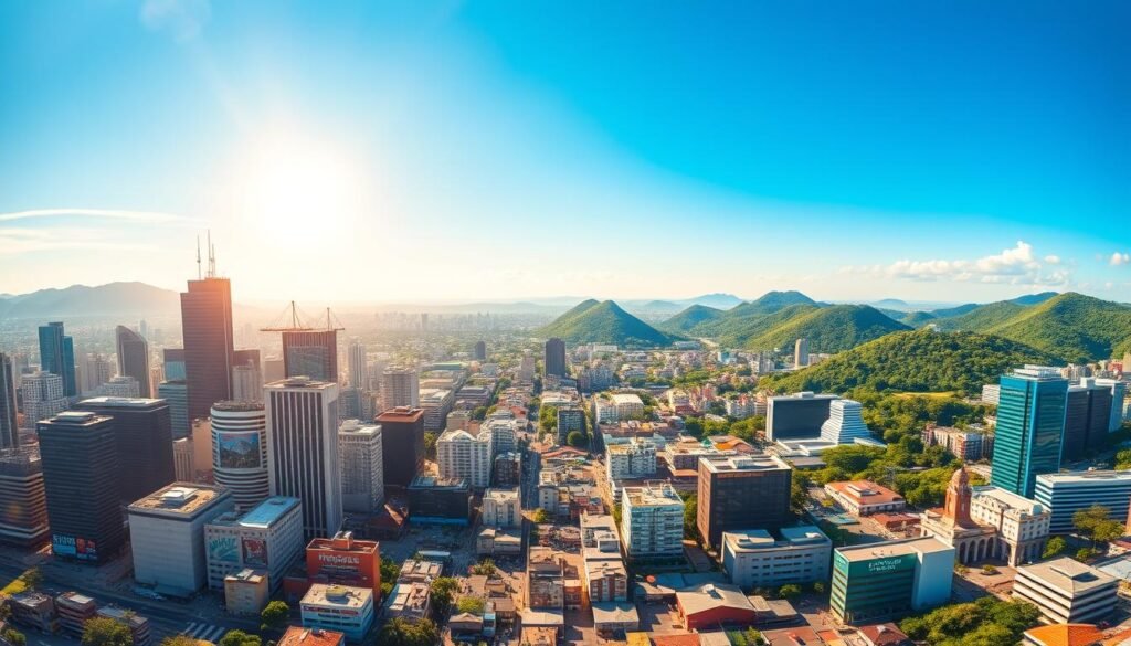 A vibrant panoramic landscape showcasing the dynamic Brazilian affiliate marketing industry. In the foreground, a bustling city skyline with skyscrapers, billboards, and digital signage. In the middle ground, a diverse array of businesses, from small startups to large corporations, all connected by a network of affiliate programs. In the background, a backdrop of lush, verdant hills and a clear, azure sky, symbolizing the growth and potential of this thriving industry. The scene is illuminated by warm, golden sunlight, casting a sense of prosperity and optimism. The composition is framed by a wide-angle lens, capturing the expansive scale and interconnectedness of the affiliate marketing landscape in Brazil.