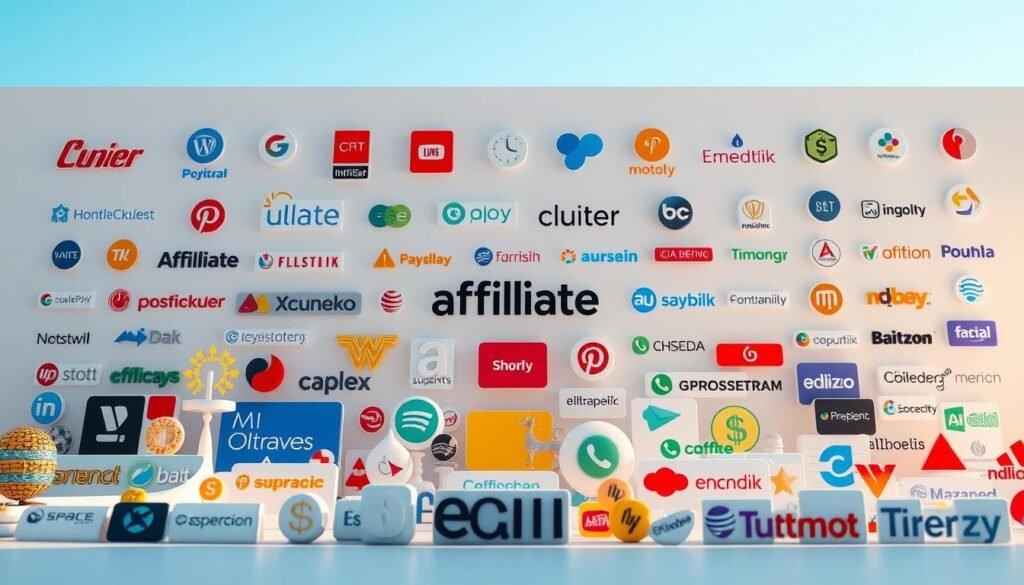 A vibrant, sun-drenched scene of a diverse array of affiliate program icons and logos, artfully arranged against a clean, minimalist backdrop. The foreground features a selection of well-known and emerging affiliate program symbols, rendered in a sleek, modern style with a tactile, almost three-dimensional quality. The middle ground showcases a carefully curated selection of affiliate program names and slogans, while the background maintains a sense of visual harmony and balance, allowing the key elements to take center stage. Soft, diffused lighting accentuates the depth and dimensionality of the scene, creating a sense of visual interest and intrigue. The overall atmosphere is one of professionalism, opportunity, and the potential for lucrative partnerships.