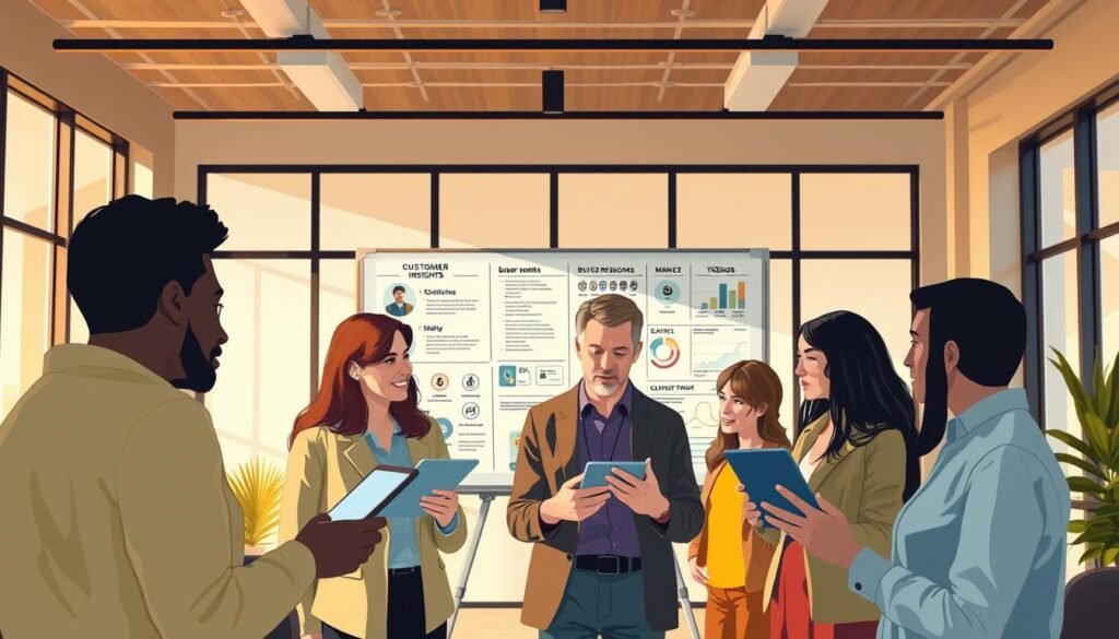 A well-designed market research illustration depicting a diverse group of people representing the target audience. In the foreground, several individuals from different demographics engage in discussion, gesturing and examining data on tablet devices. In the middle ground, a large whiteboard displays customer insights, buyer personas, and market trends. The background features a modern, minimalist office setting with large windows letting in warm, natural lighting. The overall atmosphere conveys an atmosphere of collaborative research and strategic planning to uncover the needs of the target market.