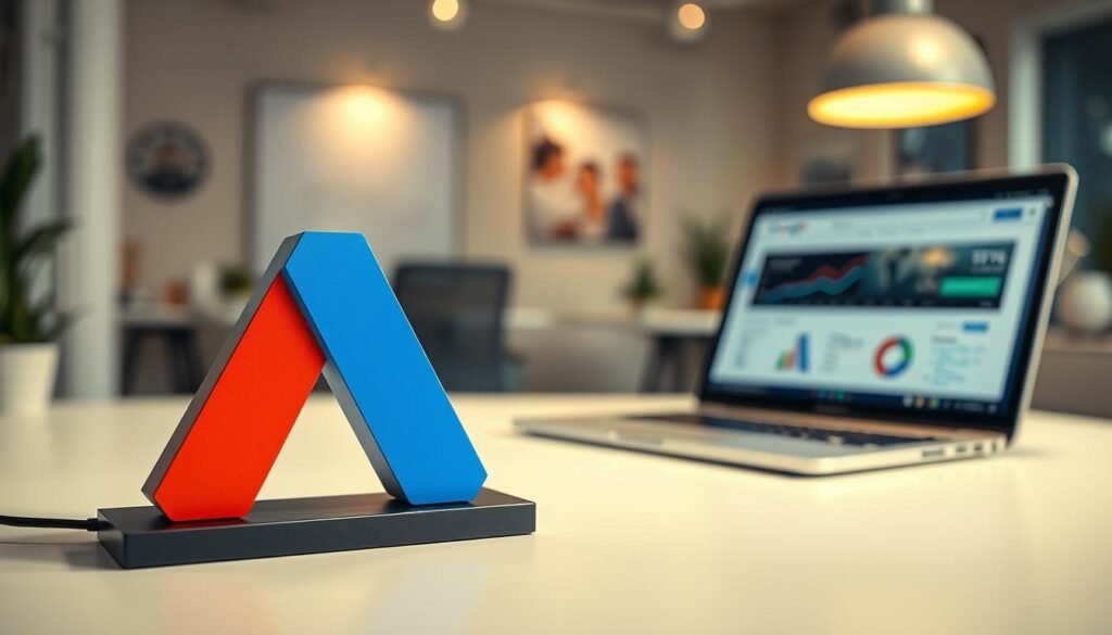 A well-lit, high-resolution image of the Google AdSense logo in the foreground, prominently displayed on a clean, minimalist desk setup. The logo is rendered in vibrant, high-contrast colors that draw the viewer's attention. In the middle ground, a laptop with a web browser open, showcasing the AdSense dashboard or a successful publisher account. The background is a soft, out-of-focus office scene, with subtle hints of productivity and professionalism. The overall atmosphere conveys a sense of opportunity, success, and the potential for earning money through the Google AdSense platform. Aprenda a Ganhar Dinheiro Pelo Google