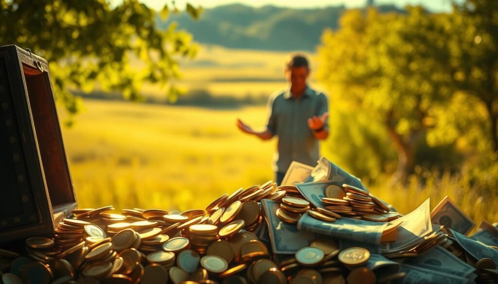 A well-lit, vibrant scene depicting the possibility of earning money. In the foreground, a pile of gold coins and bills spills out from an open treasure chest, casting a warm glow. In the middle ground, a person stands with a thoughtful, hopeful expression, hands outstretched, as if considering the wealth before them. The background features a serene, sun-dappled landscape, suggesting the potential for financial abundance and prosperity. The scene conveys a sense of opportunity, tempered by a realistic understanding of the effort required to achieve financial success. Aprenda a Ganhar Dinheiro Pelo Google